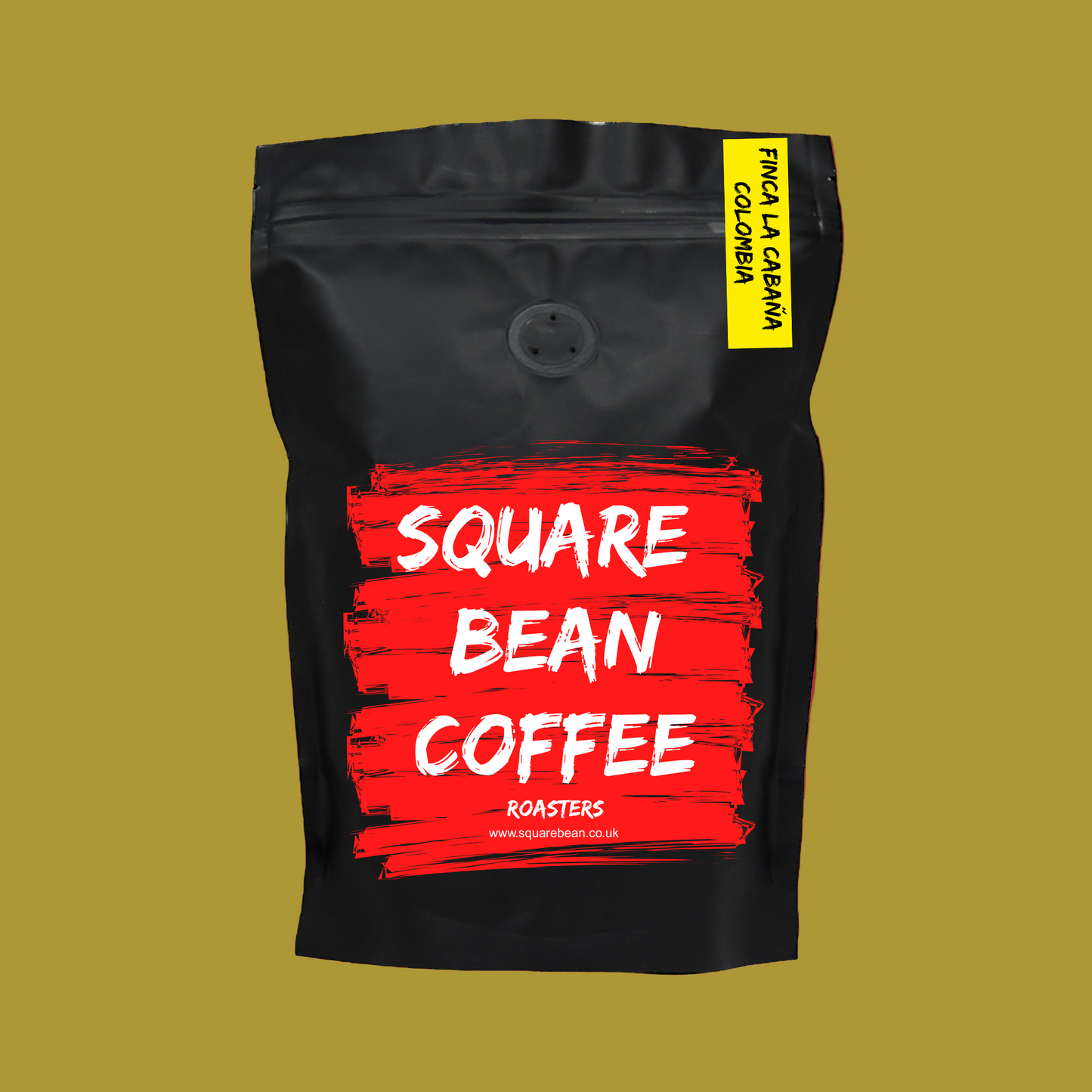 Black coffee bag with red label on a red background