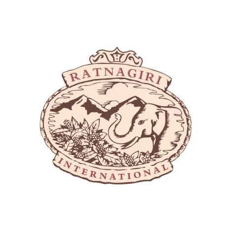 A logo of Ratnagiri Estate with an illustration of an elephant, floral elements, and a mountain range.