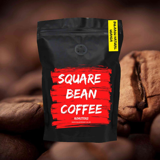 Uganda Bulaagu coffee bag with red Square Bean Coffee Roasters label