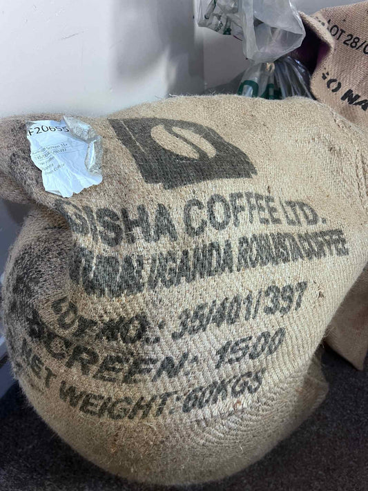 A 60kg GrainPro bag of green specialty robusta coffee from Uganda.