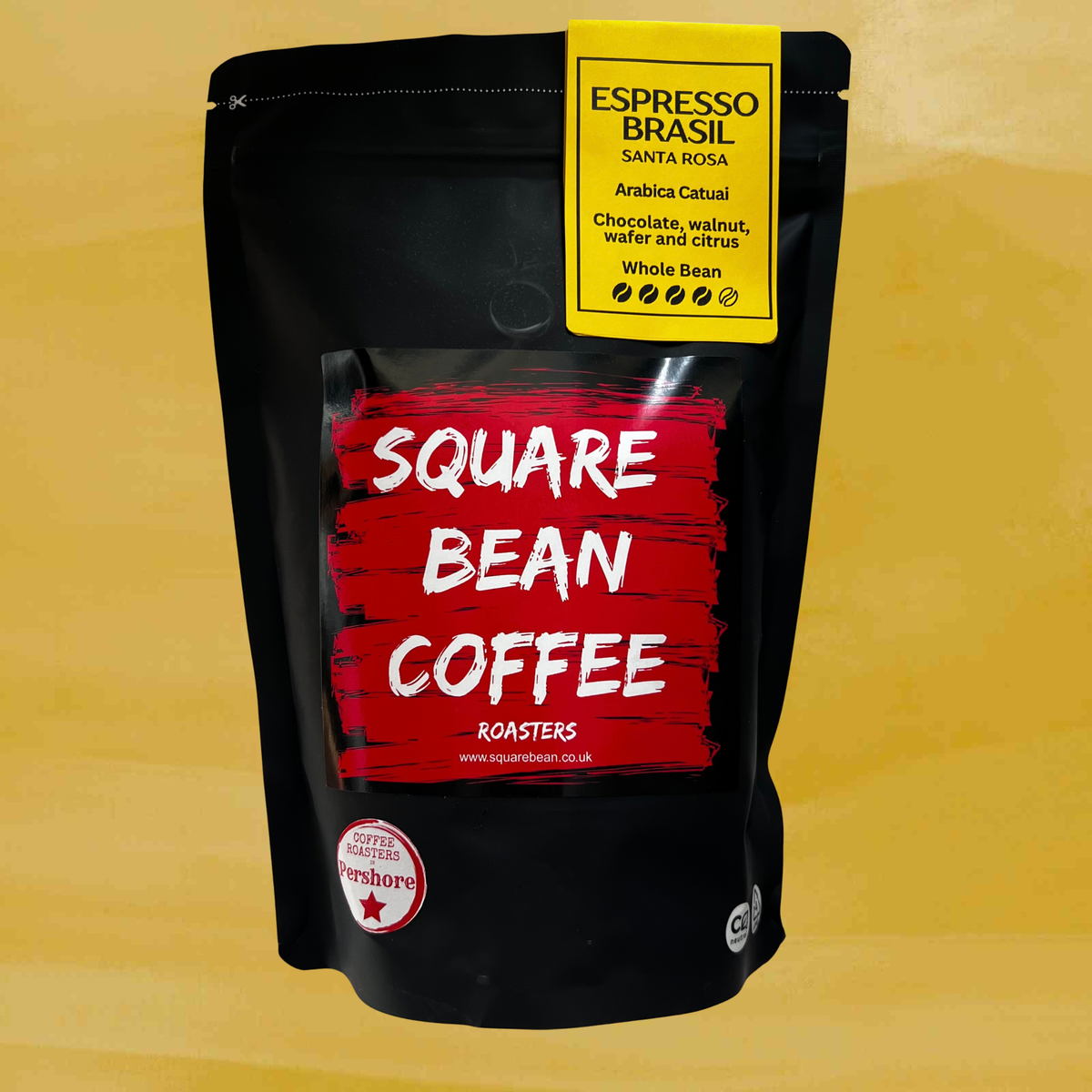 Bag of Square Bean Coffee Brazil Santa Rosa espresso roast coffee beans, a citrus-forward natural-processed single estate coffee from Sul de Minas, Brazil