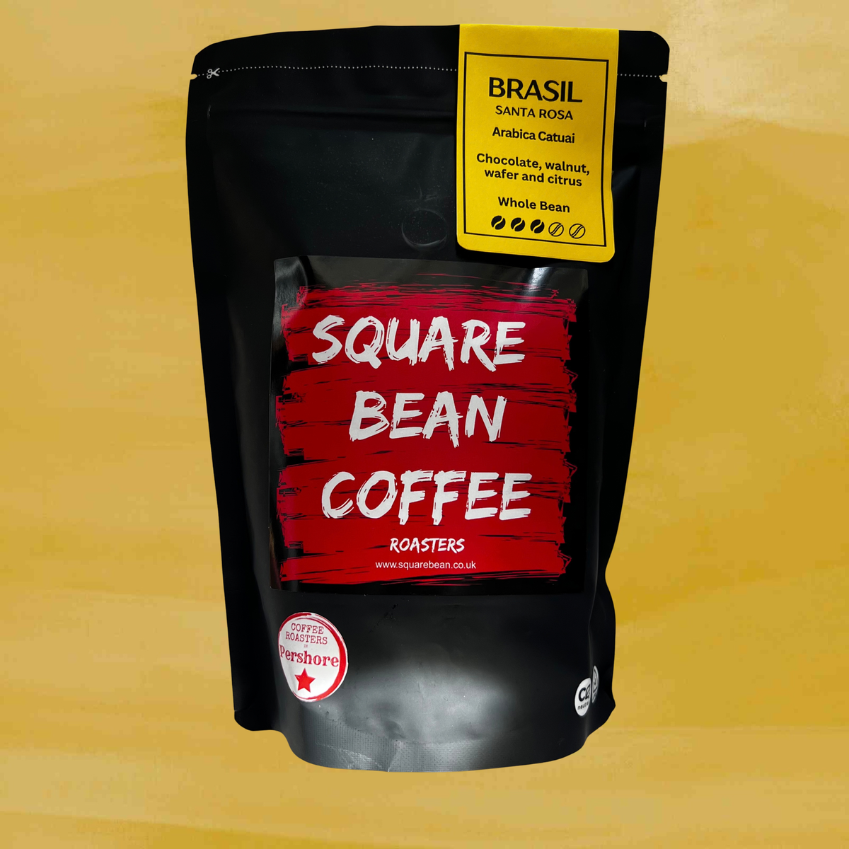 Bag of Square Bean Coffee Brazil Santa Rosa filter roast coffee beans, a citrus-forward natural-processed single estate coffee from Sul de Minas, Brazil