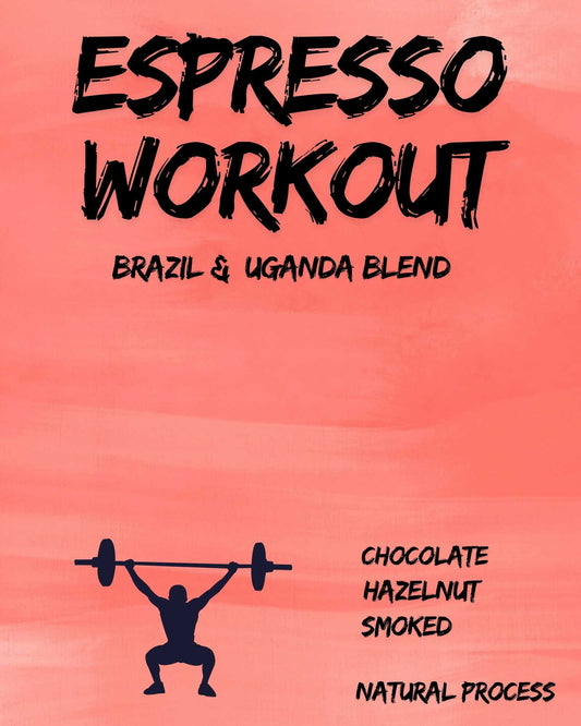 Label for a blend of Brazilian and Ugandan coffees for a pre-workout drink.