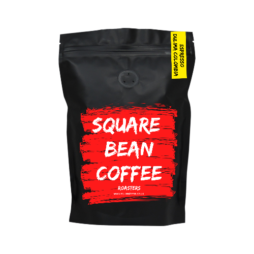 A black coffee bag with the brand name 'Square Bean Coffee Roasters' written in white and red text. The bag is labeled 'ESPRESSO DULIMA COLOMBIA' on the front.