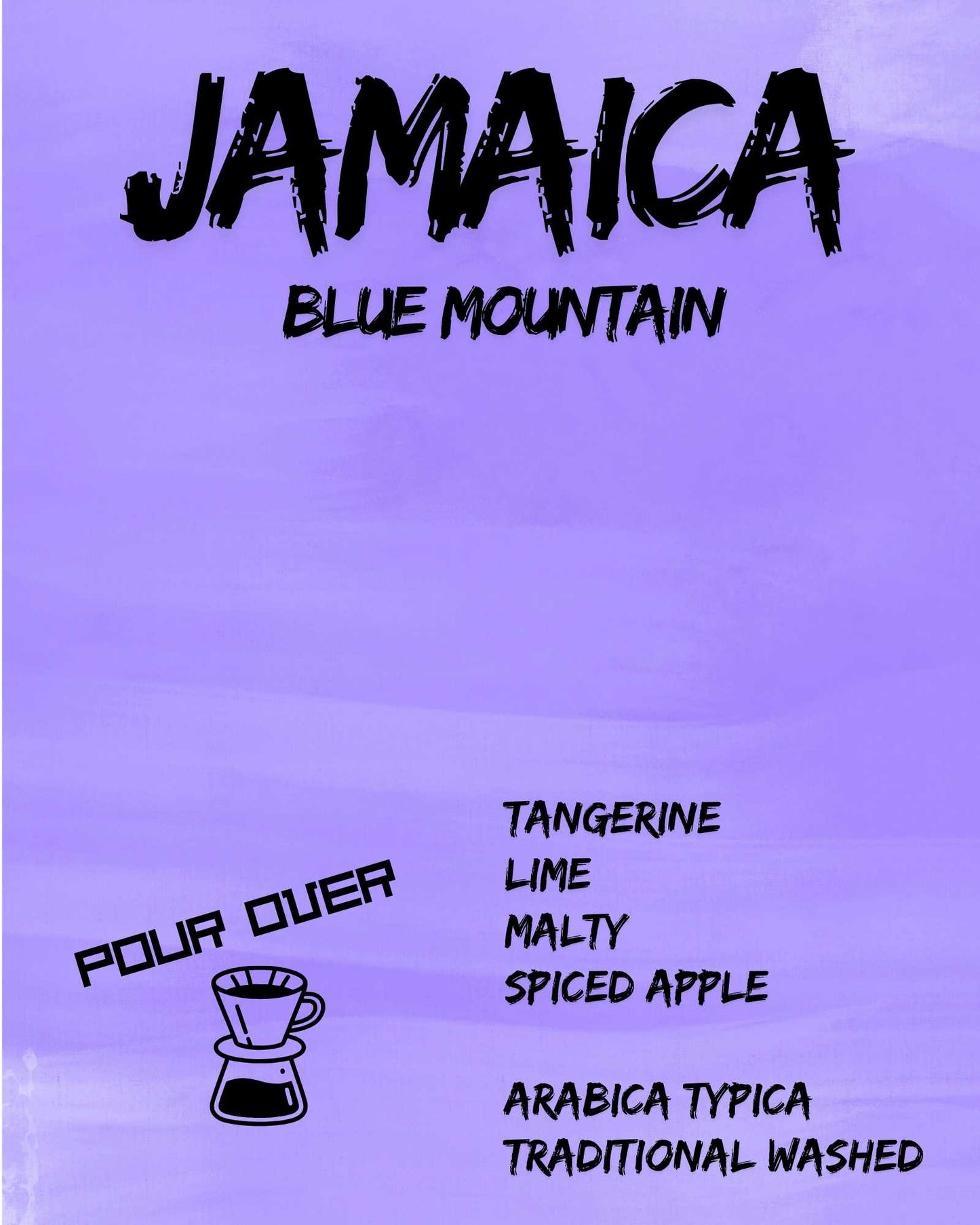 Jamaica Blue Mountain coffee label for pour over with taste notes and coffee type.