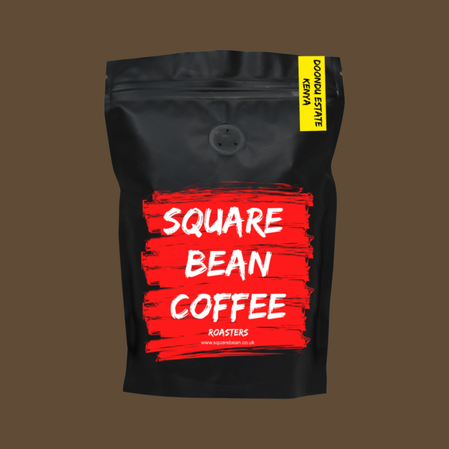 Black bag of Kenya Doondu Estate coffee with red label featuring 'Square Bean Coffee' 