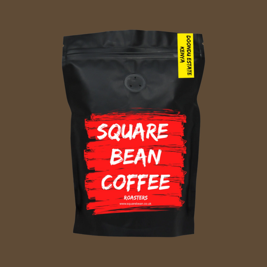 Black bag of Kenya Doondu Estate coffee with red label featuring 'Square Bean Coffee' 