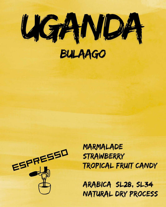 Label for Uganda Bulaago espresso roast coffee with taste notes of marmalade and strawberry.