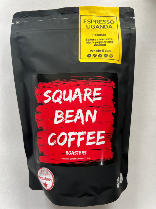 Bag of Uganda Robusta Specialty Natural espresso roast (medium-dark) coffee